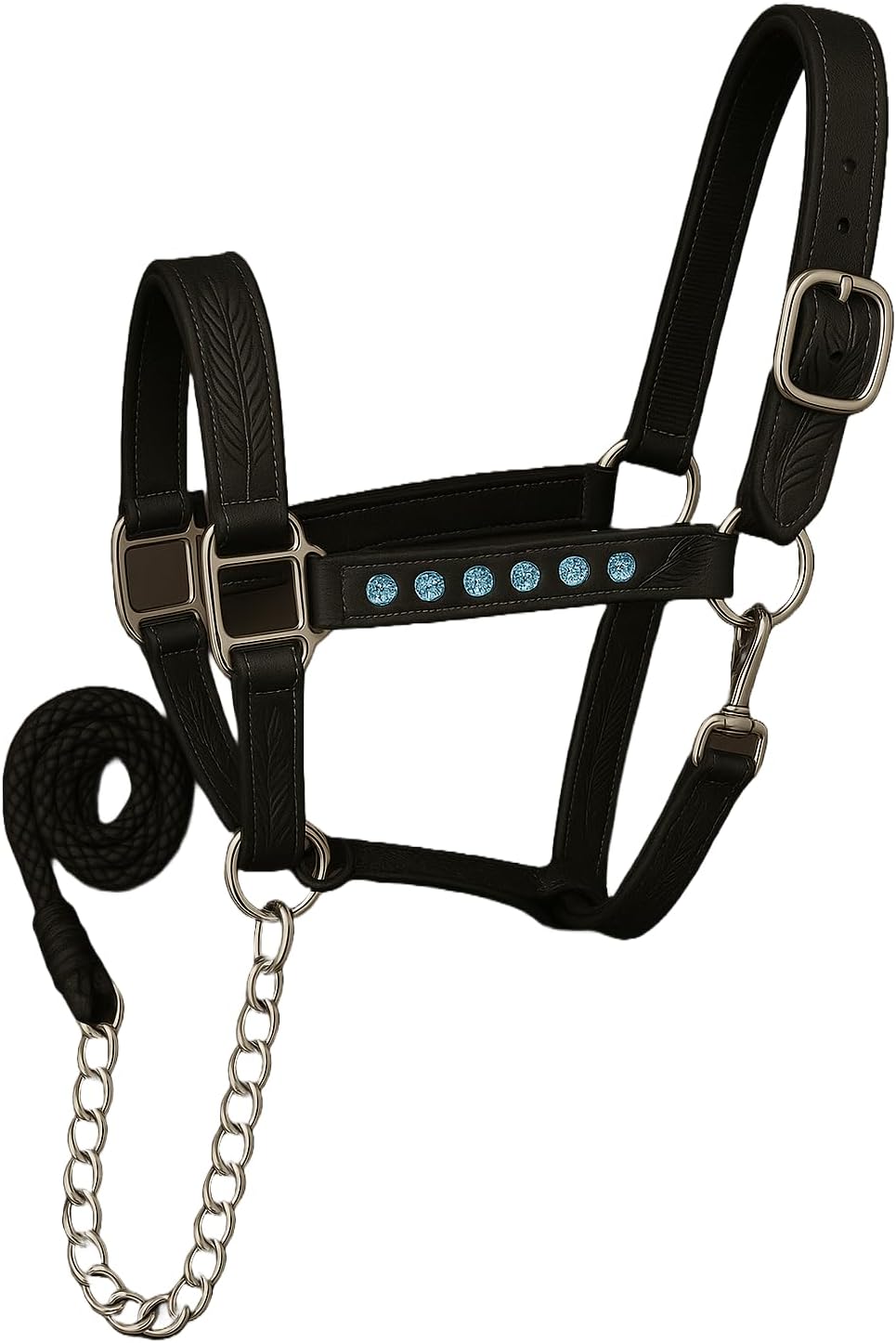 Handcrafted Leather Horse Halter – Tooled Design with Crystals, Cushioned Padding, Adjustable Fit, Chain Lead Pony M147
