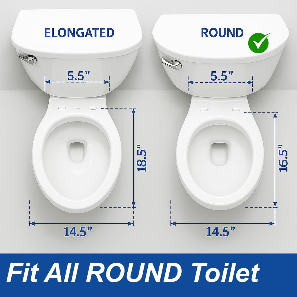 Toilet Seat Round with Non-Slip Seat Bumpers, Universal Quiet-Close Toilet Lid, Never Loosen and Easy to Install, Durable Plastic, White, Fits Standar