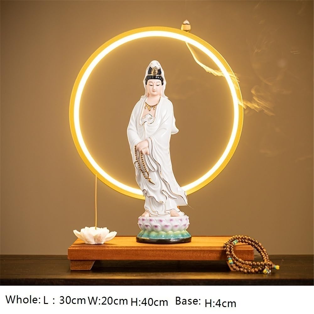 Figuras de Budas Estatua de Buda de cerámica Blanca, Adorno for Oficina, Sala de Estar, decoración Zen Feng Shui con Base y Anillo de luz Budas Decorativos