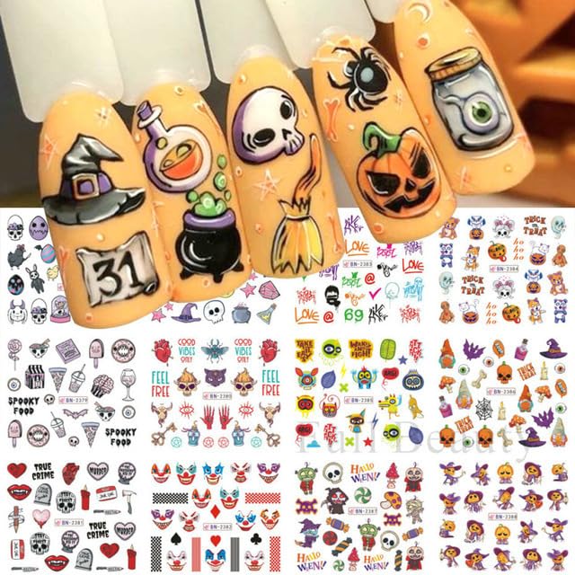 Calcomanías de uñas de dibujos animados grandes para Halloween, divertidas calcomanías de uñas 3D autoadhesivas con calavera, juguetes de payasos,