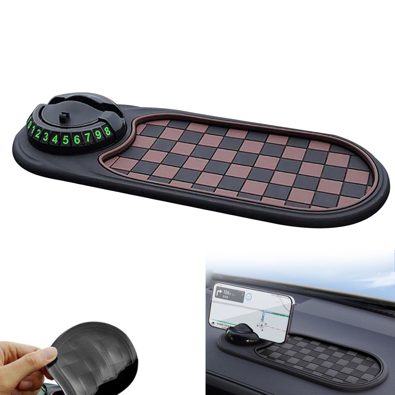 Multifunction Car Anti-Slip Mat Auto Phone Holder, Car Anti Slip Mat Phone Holder, Rotatable Anti Skid Car Dashboard Pad with Temporary Parking Numbe (1PCS - Brown)