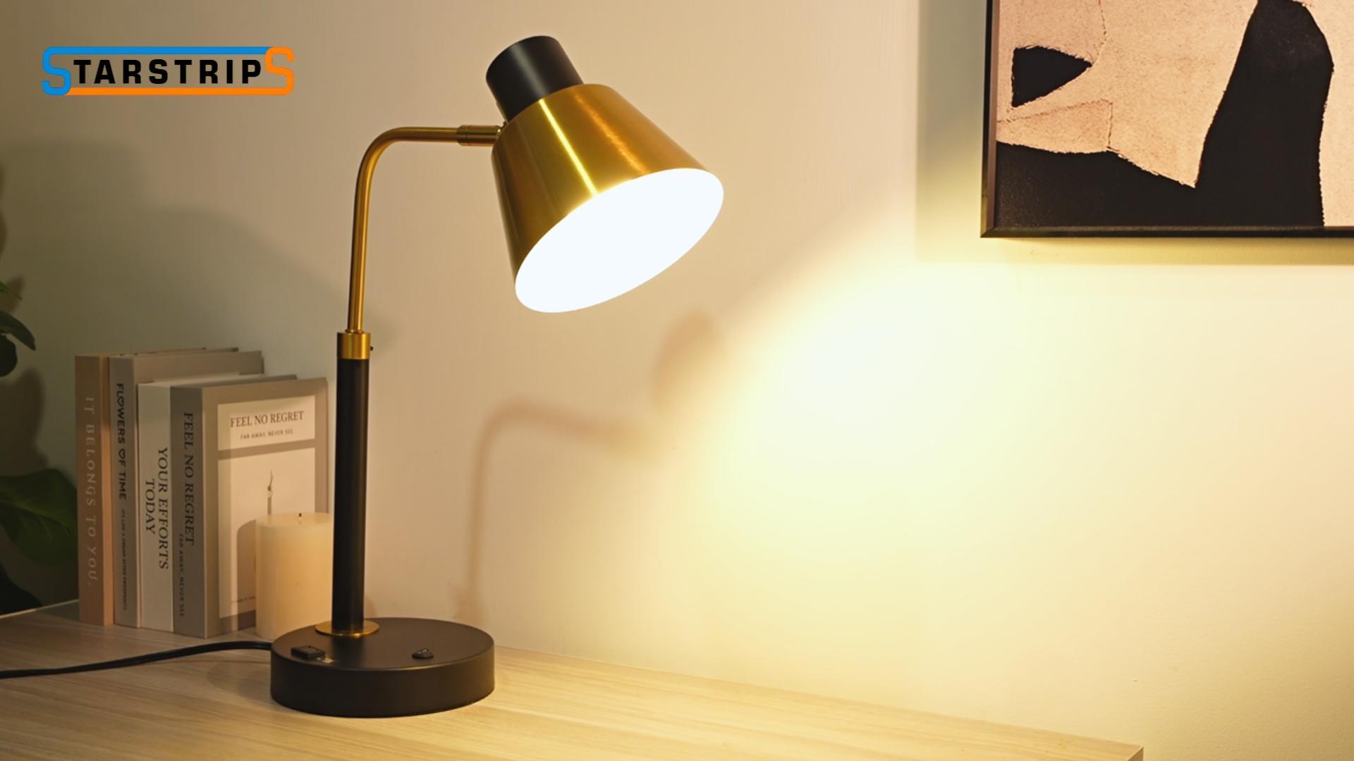Image of Adjustable Desk Lamp with Dual USB-C /A & AC Outlet 340 Swivel Lamp Head | Metal Desk Lamp,Weighted Base,Table Lamp for Home Office, Bedroom & Reading, Black with Brass Accents (Bulb Not Included)