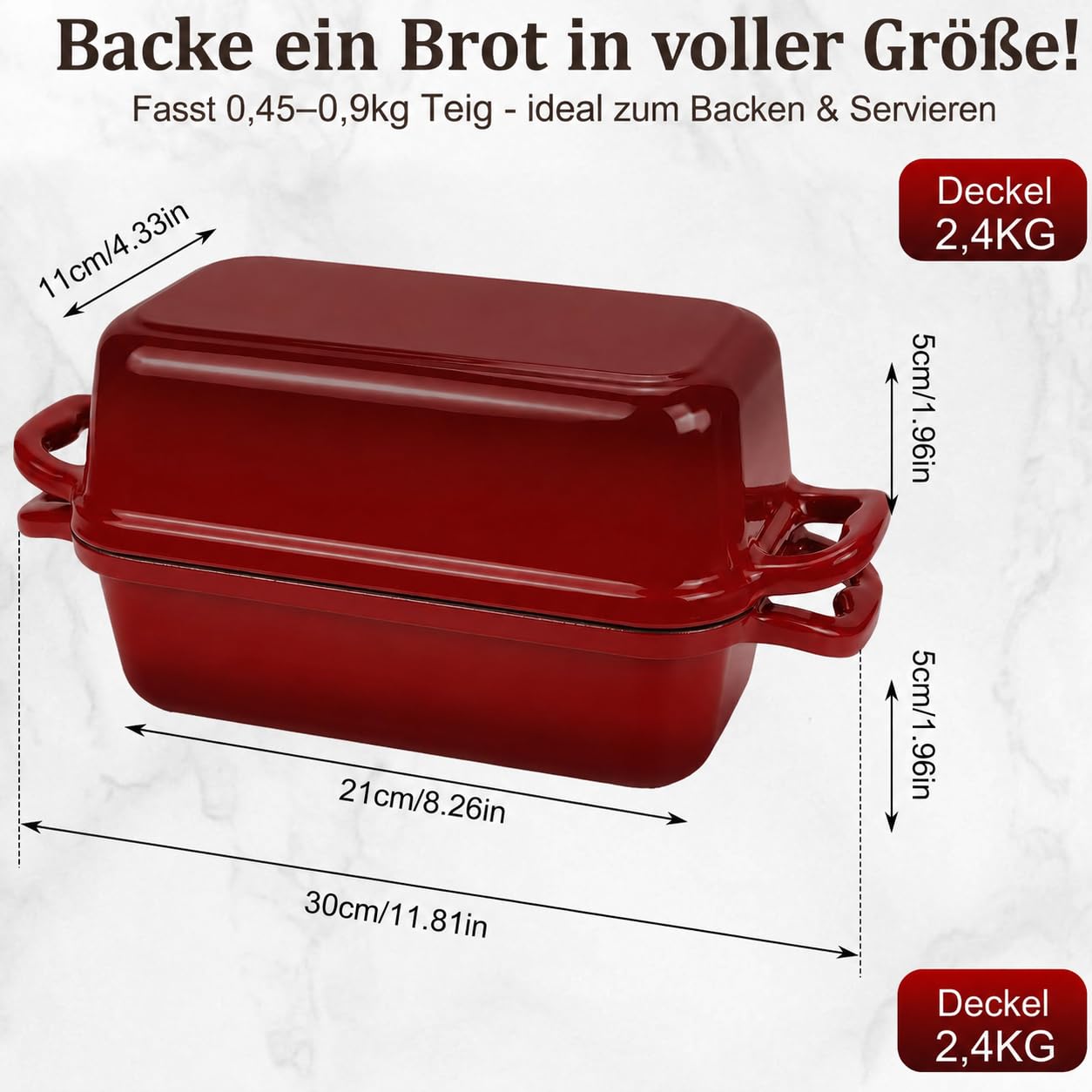 Gusseisen Brotbackform mit Deckel 2 in 1 Emailliert Brotbacktopf Dutch-Oven | 2 L Rechteckige Gusseisen Topf mit Silikon-Griffüberzügen für die Küche zum Backen zu Hause Kasten Sauerteig, Rot, 21 x 11cm