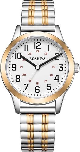 Miniatura 10 de BOSHIYA Relojes para mujer Easy Reader de 1.181 in de acero inoxidable con banda de expansión plateada dorada para mujer, reloj de pulsera pequeño