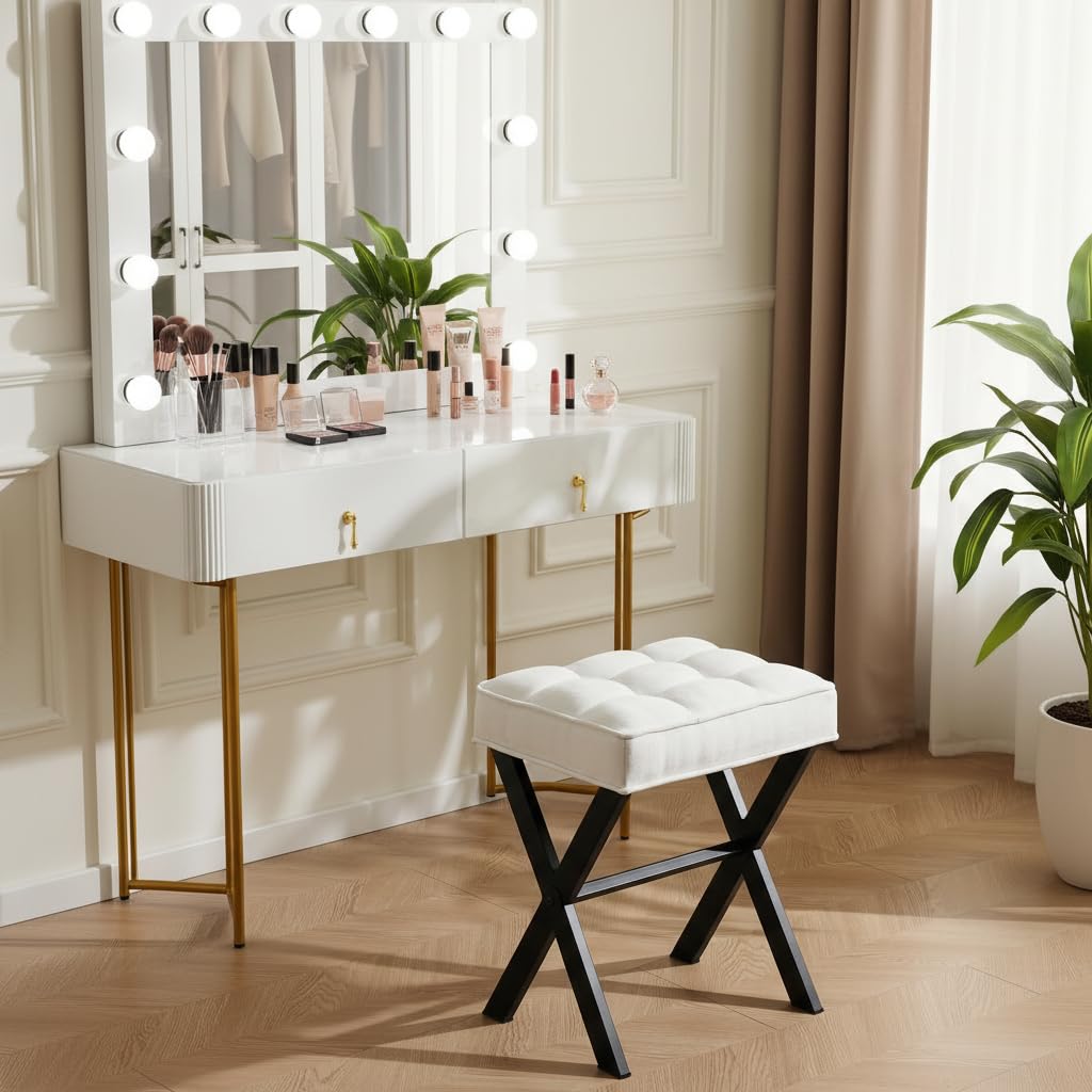 Klappbarer Fußhockel und moderner Fußhockel mit X-Beinen, Make-up-Hocker, gepolsterter Hocker für Wohnzimmer, Schlafzimmer(X-Wohnzimmer, Schwarze Hockerbeine gepaart mit weißer Leinen)