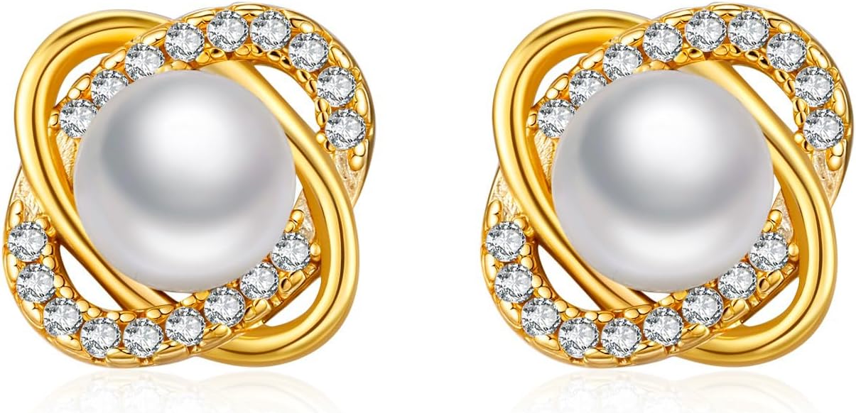 Gold Pearl Stud Earrings, 925 Sterling Silver Post 14K Gold Plated Hypoallergenic Small Stud Earrings with Pearl and CZ for Women - Image 5