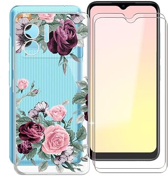 Phone Case for Doogee X98 6.52", with [2 x Tempered Glass Protective Film], Transparent Soft TPU Slim fit Case for Doogee X98 [Anti-Scratch] [Anti-Yellow] - Rose Flower
