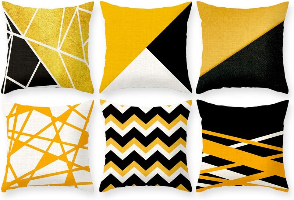 Imandale Decorative Throw Pillow Covers – Yellow Cushion Covers Set of 6 for Home, Office, Dorm Decor 18x18 Inches (Black and Yellow - Line)
