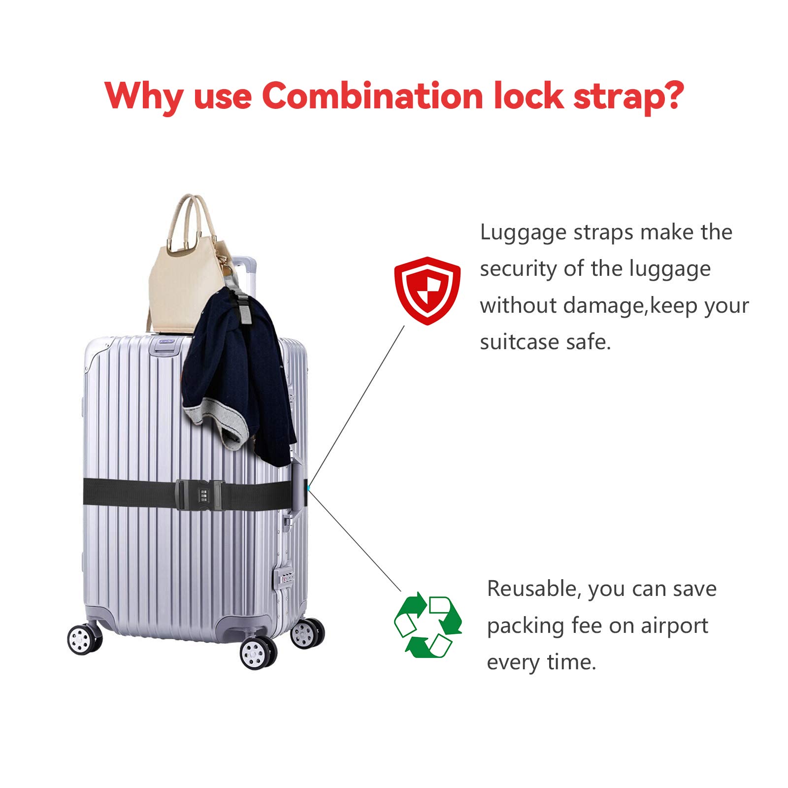 Sangles Pour Valise Avec Serrure à Combinaison - Lot De 2 - Réglables 100-200cm - Étiquettes Incluses