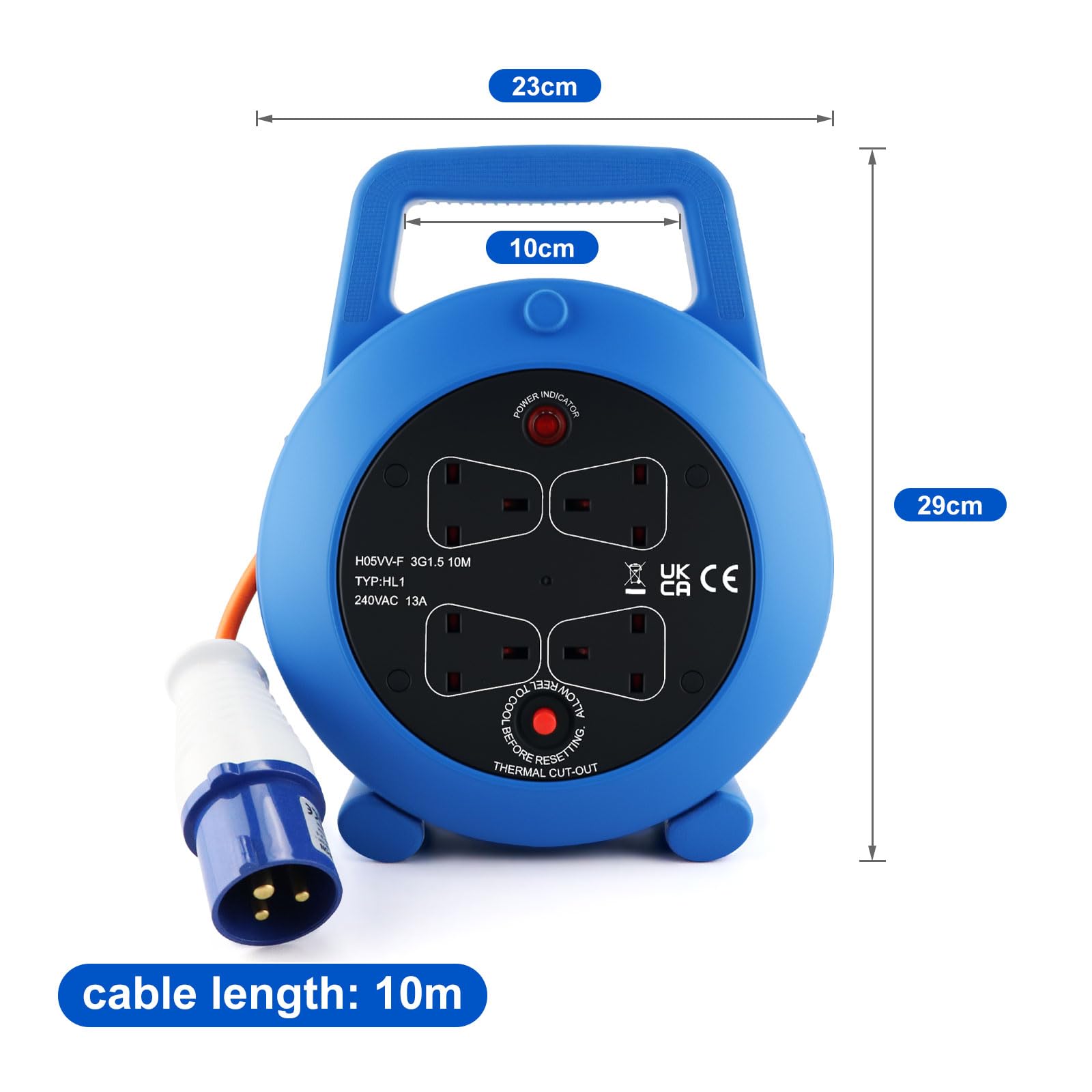 Cable de extensión para exteriores de 10 m, carrete de extensión retráctil de 4 enchufes, cable de conexión eléctrico de camping de 16 A, cable de alimentación impermeable y portátil, cable de