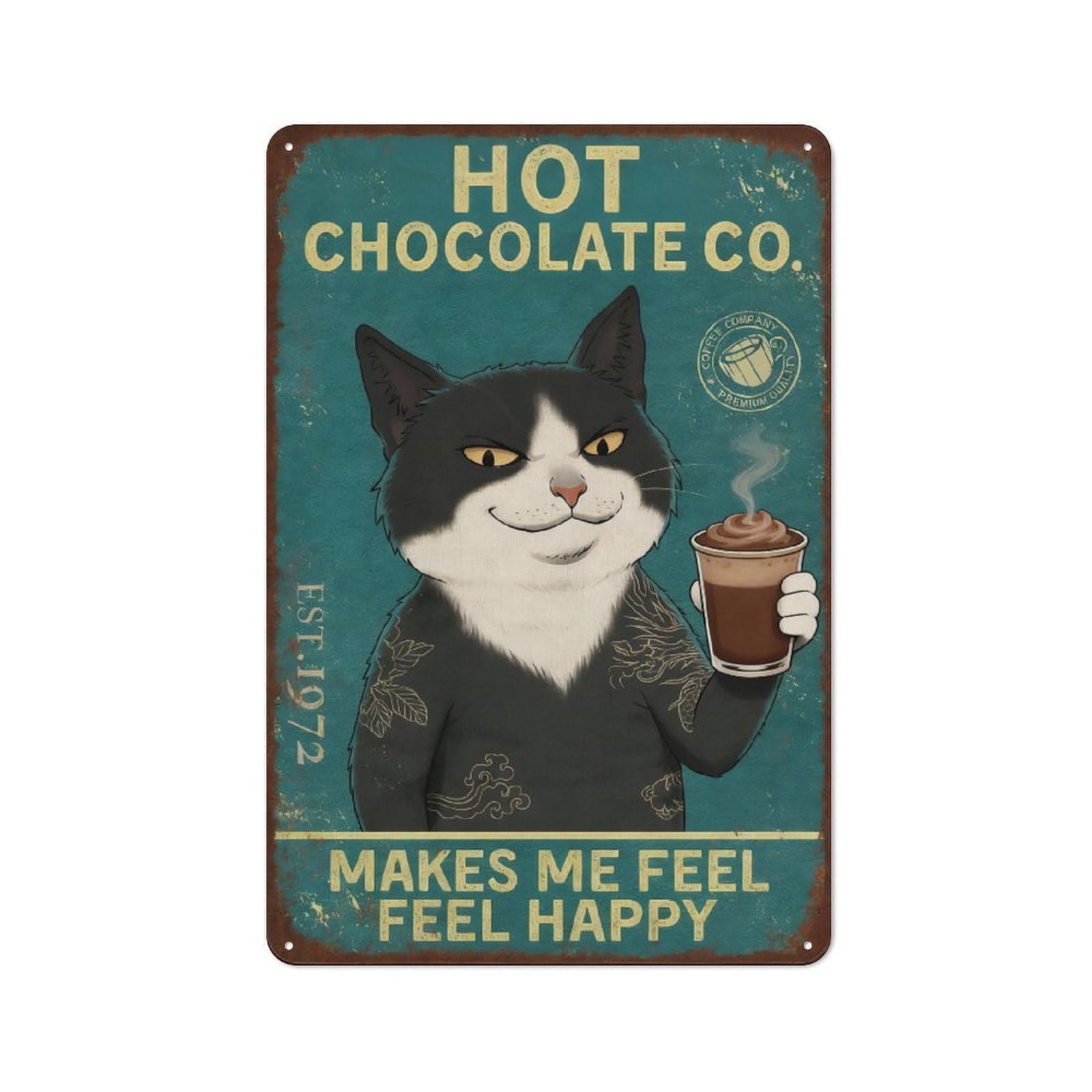 Vintage Smirking Cat Metal Tin Sign 8x12 Inch Hot Chocolate Wall Decor Retro Cafe Kitchen Wall Art Plaque Gift