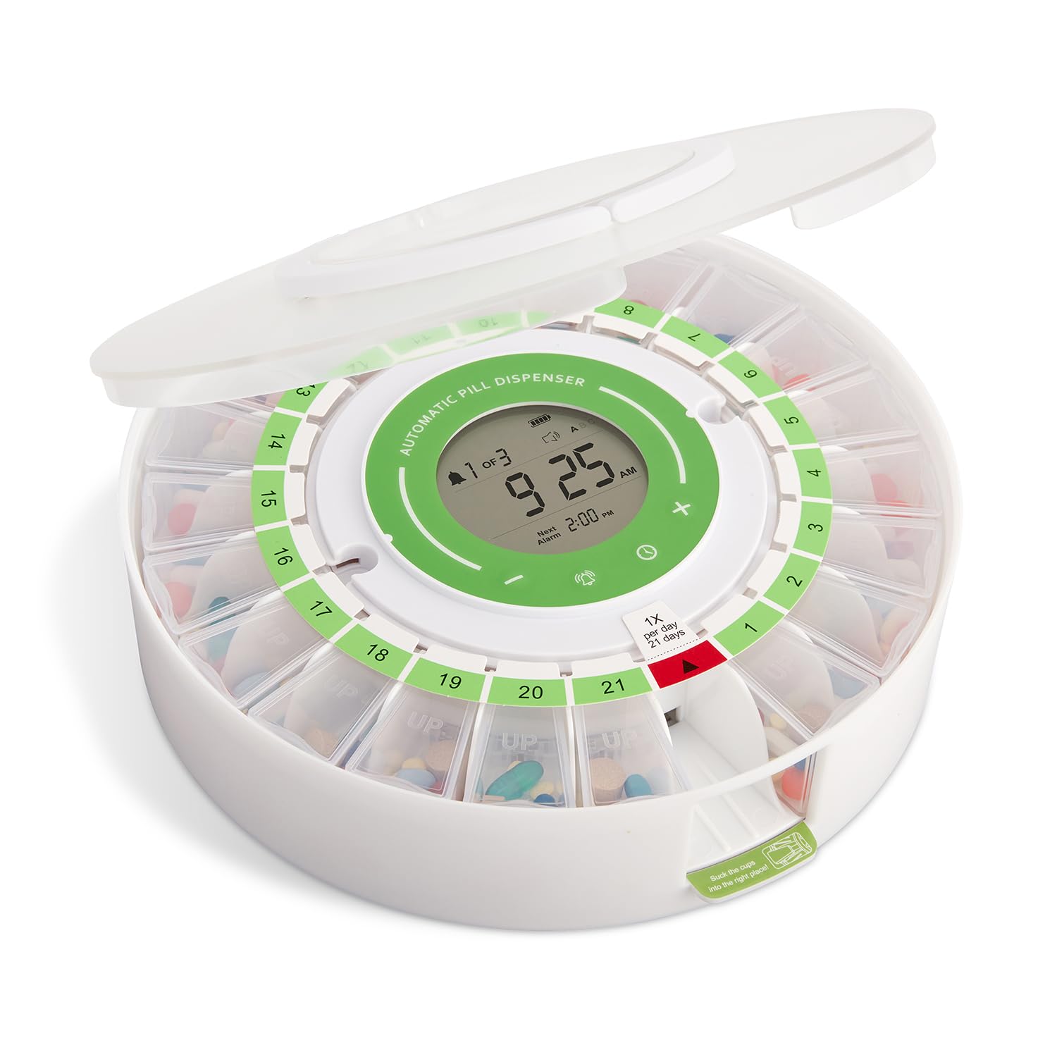 LiveFine Automatic Pill Dispenser with Removable Cups, 21 Compartments, 9 Dosage Rings, Alarm Reminder, LCD Display, Sound & Light Alerts, Locking Key