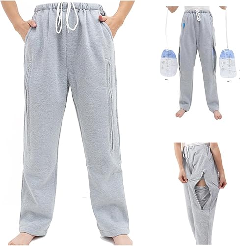 Lmaray Bolsa de pierna para catéter, pantalones, bolsas de nefrostomía, bolsa de orina, soporte para ostomía con bolsillos dobles, color gris