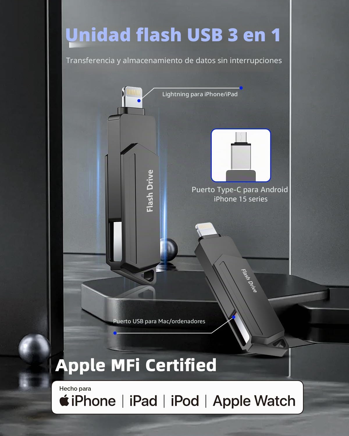 Pendrive para iPhone 512GB MFi Certified 3 en 1 Memoria USB 3.0 Lightning Memoria Externa Tipo C para iPhone/iPad/iOS/Android/Mac/PC - pendrive movil (Negro)