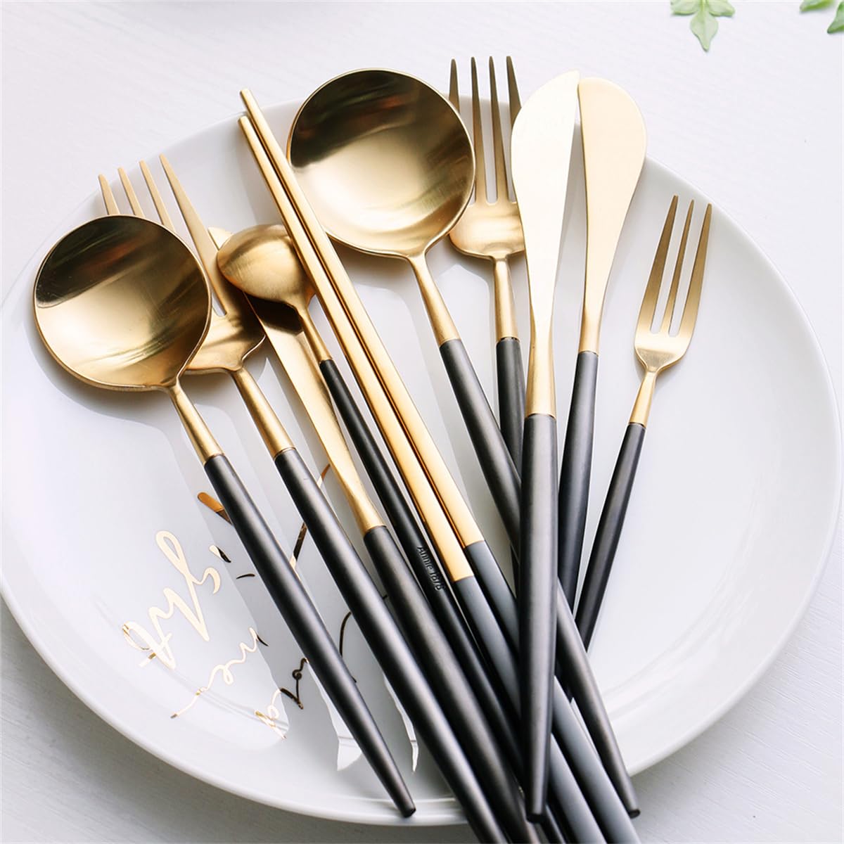 Andoo Cutlery Set Stylish Knife Spoon Fork Set Gold 20 Colors Available (Dinner Spoon + Knife + Fork + Teaspoon + Cake Fork + Angle Chopsticks) 6-Piece Set Tableware 18-10 Stainless Steel Knife : Home