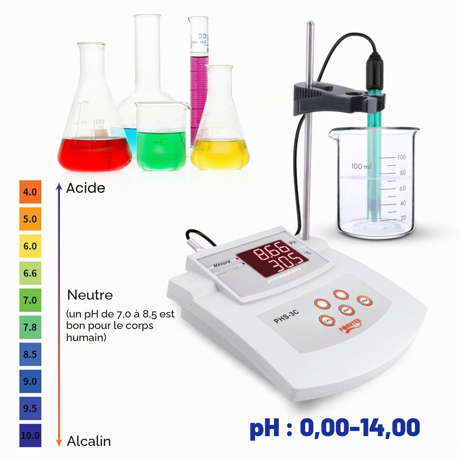SIXRUN PH-mètre de Laboratoire de Paillasse PH-mètre de Laboratoire d'étalonnage Automatique de Haute Précision pour Aquarium Fish Tank Piscine PH Meter (Prise UE 230V)