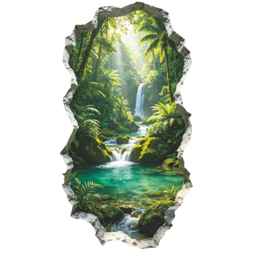 3D Waterfalls Forest Wall Stickers Natural Scenery Wall Murals Removable Peel and Stick Decals for Bedroom Living Room Bathroom Office Home Decor