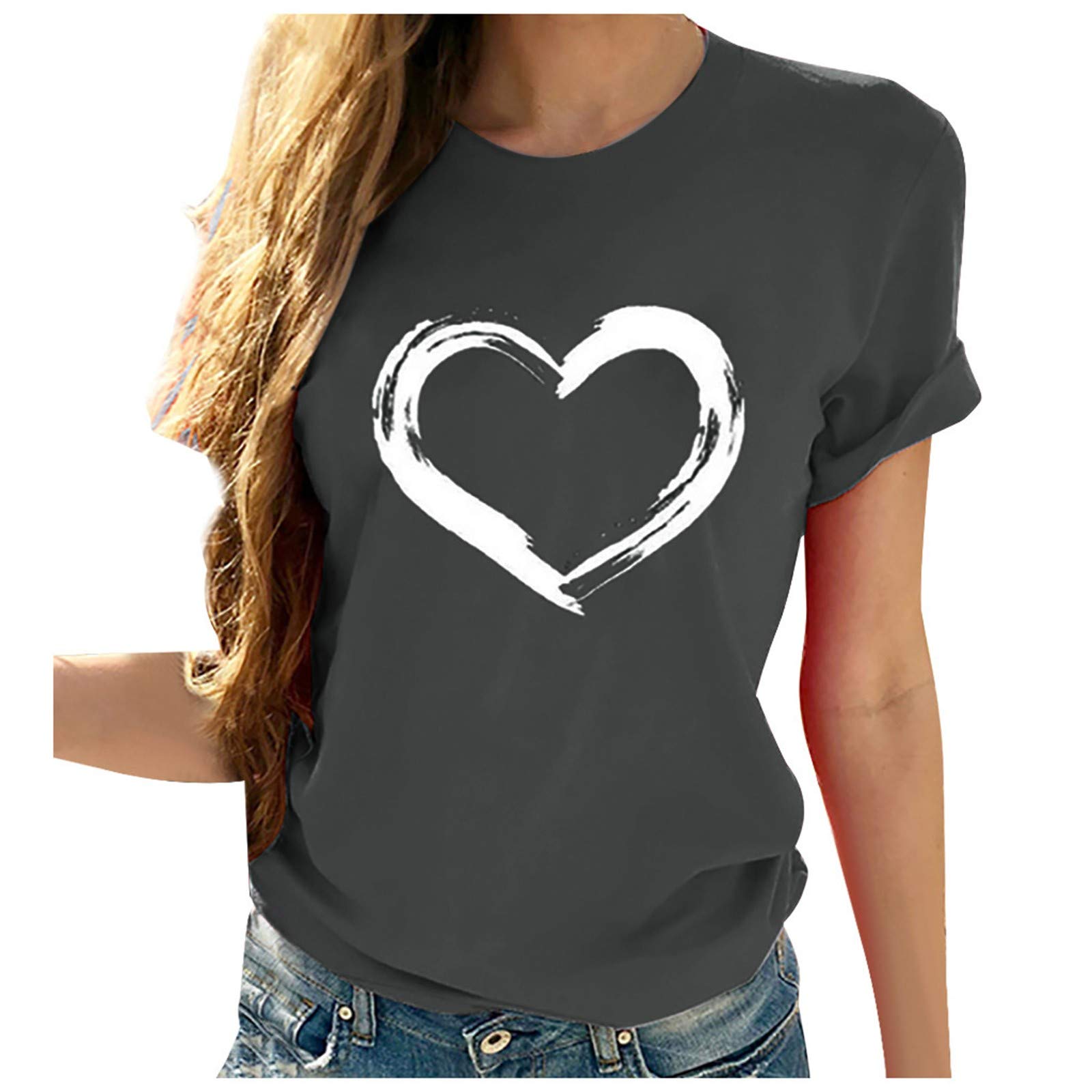 DASAYO Women's Heart-Shaped Funny Graphics Tee Top Short Sleeve Crewneck t-Shirt Tees Casual Summer Fashion Cute Tops Shirts