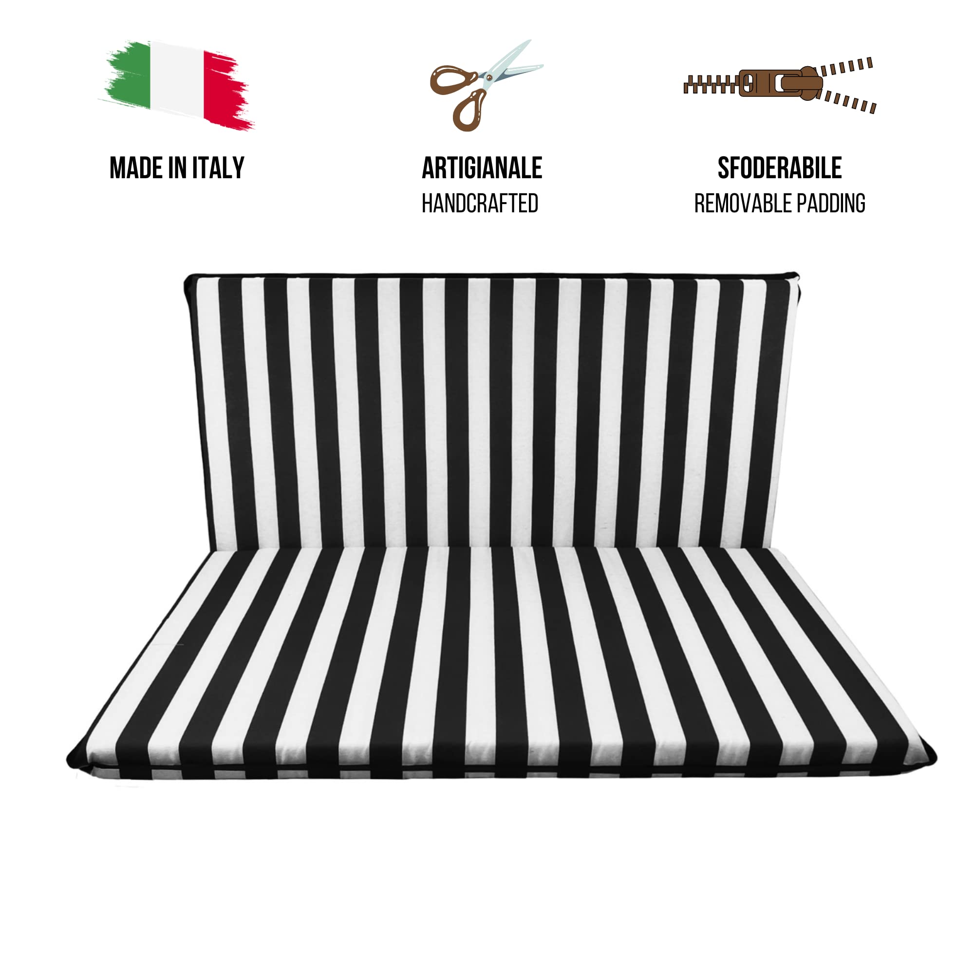Cojín para balancín de 2 plazas, 3 plazas, 4 plazas acolchado y tapizado en algodón totalmente desenfundable, incluye respaldo y asiento (blanco y negro, 3 plazas, 170 x 55 cm)