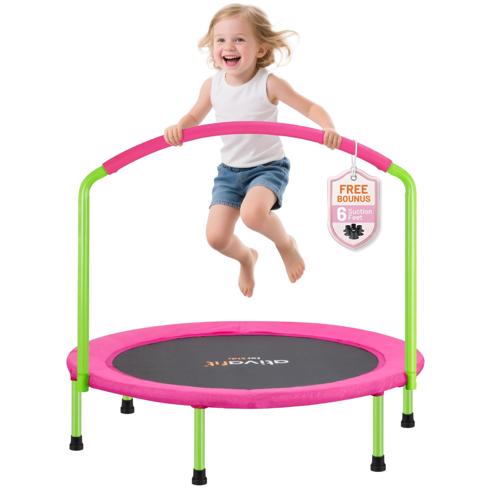 ATIVAFIT 36''Foldable Rebounder Band Big Handle Trampoline for Toddlers Kids With Super Safety Pad Foam Handle Oxford Padded Noise-Free Kids Cover Fun for Kids Indoor/Outdoor for 3-6 years old（Pink）