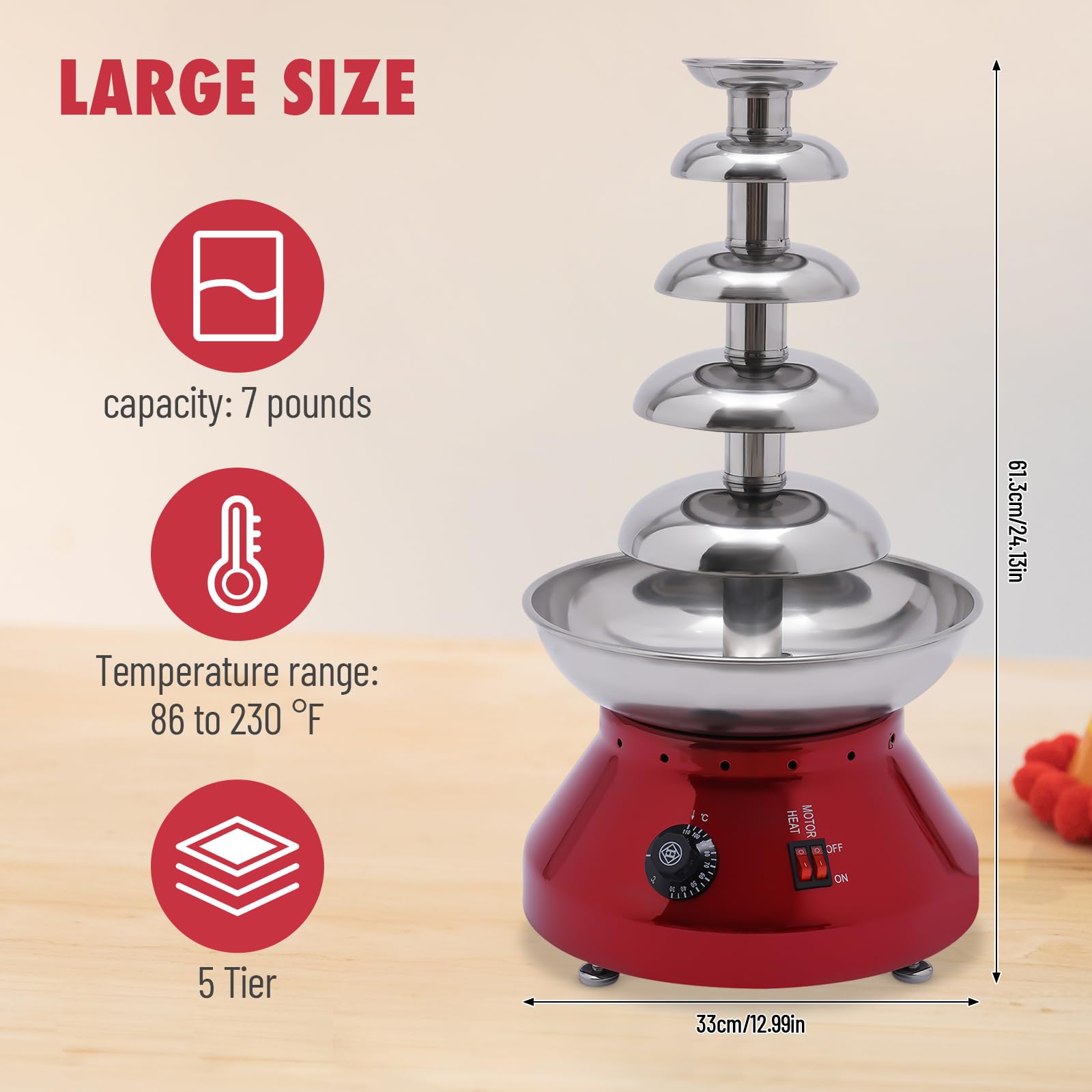Fontaine à chocolat en acier inoxydable - 230 W - 3 l - 5 étages - Avec réglage de la température de 30 à 110 °C - Pour fêtes de famille