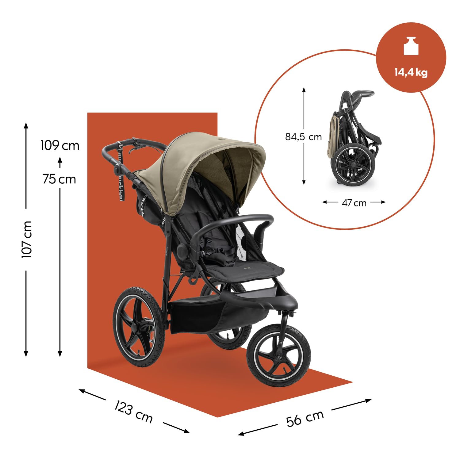 Hauck Runner 3 Olive Dreirad Kinderwagen Buggy mit XL Lufträder Federung Handbremse XL Sonnenverdeck ab Geburt bis 22 kg