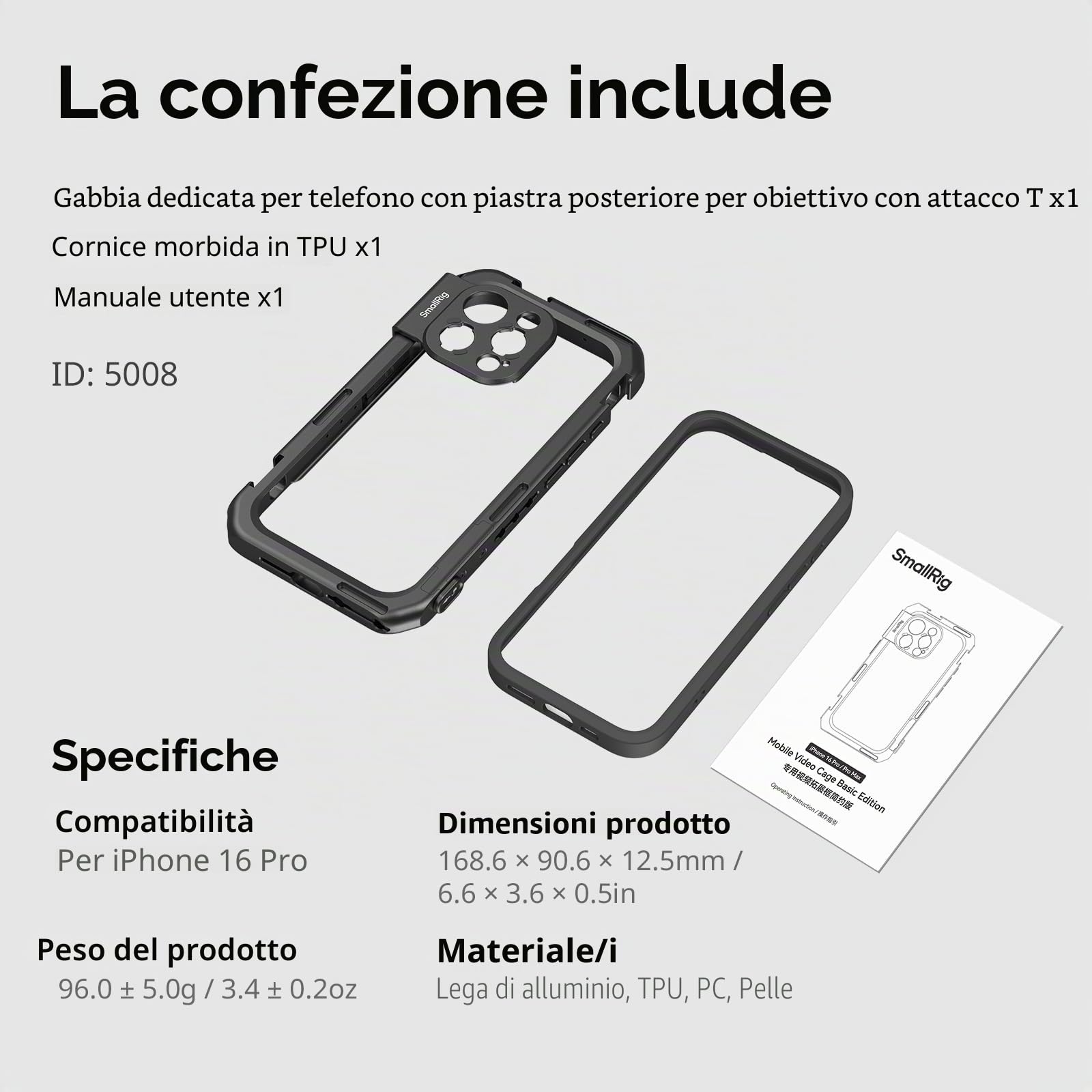 SMALLRIG Mobile Video Cage Basic Edition per iPhone 16 Pro con Gabbia per Telefono Dedicata con Piastra Posteriore per Obiettivo T-Mount, Telaio Morbido in TPU - 5008