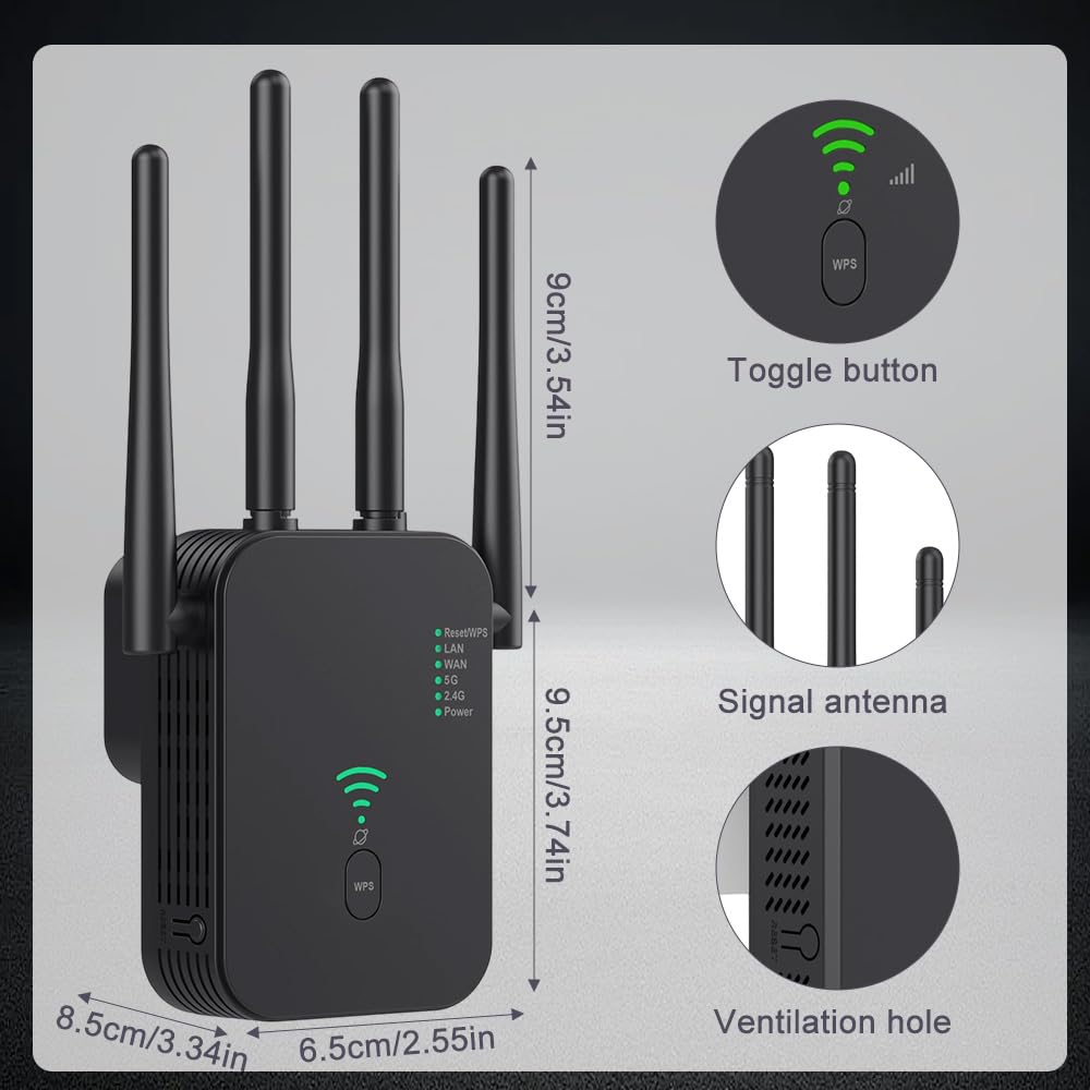 Wzmacniacz Wi-Fi, wzmacniacz sygnału WiFi, wzmacniacz sygnału WiFi, 2,4 GHz + 5 GHz WiFi Booster z repeaterem, kompatybilny ze wszystkimi routerami z 1 portem WAN, 1 portem LAN, obsługa WPS