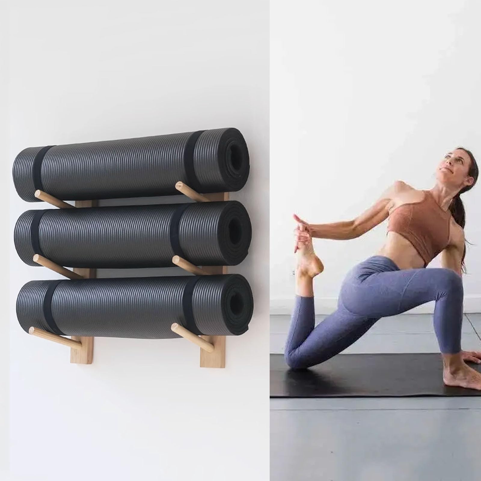 Estante para esterilla de yoga, estante de almacenamiento de madera montado en la pared para rodillos de espuma y equipo de fitness, organizador que ahorra espacio para gimnasio en casa y accesorios