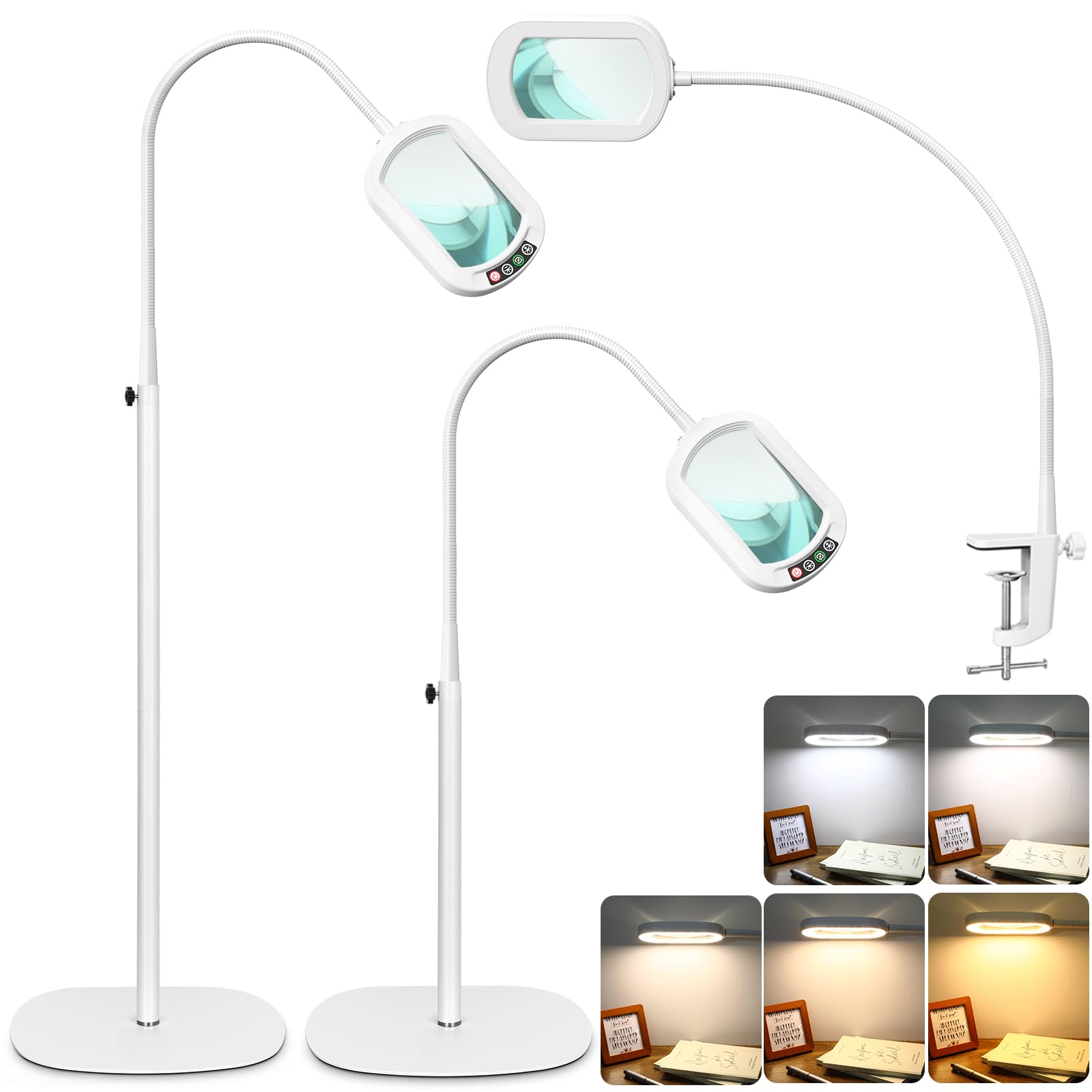 Drdefi 10X Rectangular Real Glass Magnifying Glass with Light and Stand, 24" Flexible Gooseneck Floor Lamp, 5 Color Modes Stepless Dimmable, 3-in-1