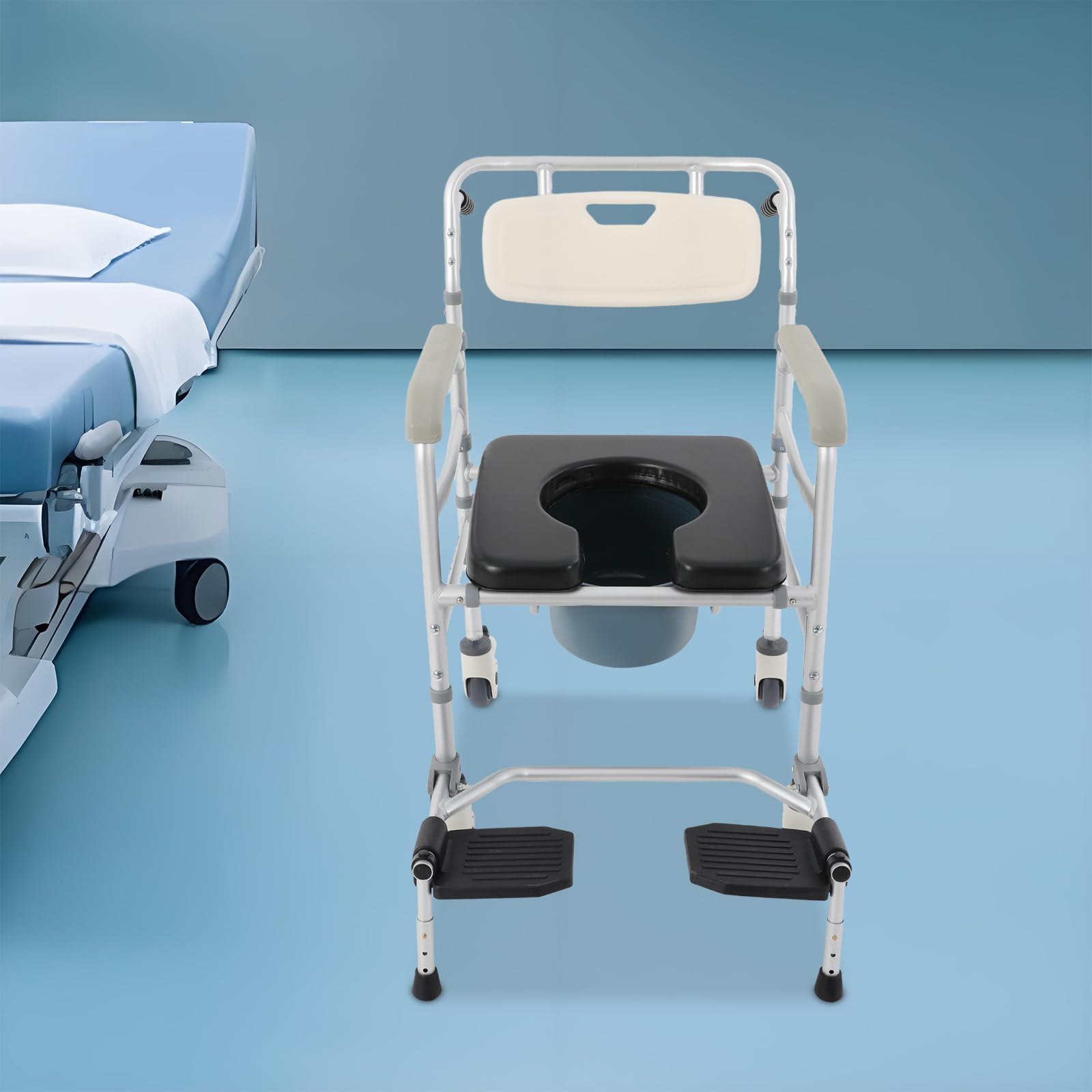 Silla de inodoro con ruedas y cubo, silla de ducha 3 en 1 y silla de aseo regulable en altura, silla de ruedas móvil para personas mayores y discapacitados, asas antideslizantes y 4 frenos, 172 kg