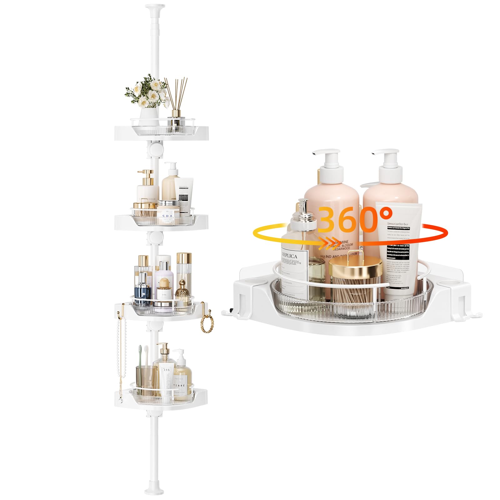Tension Pole Shower Caddy with 4 L-Lazy Susan Organizer