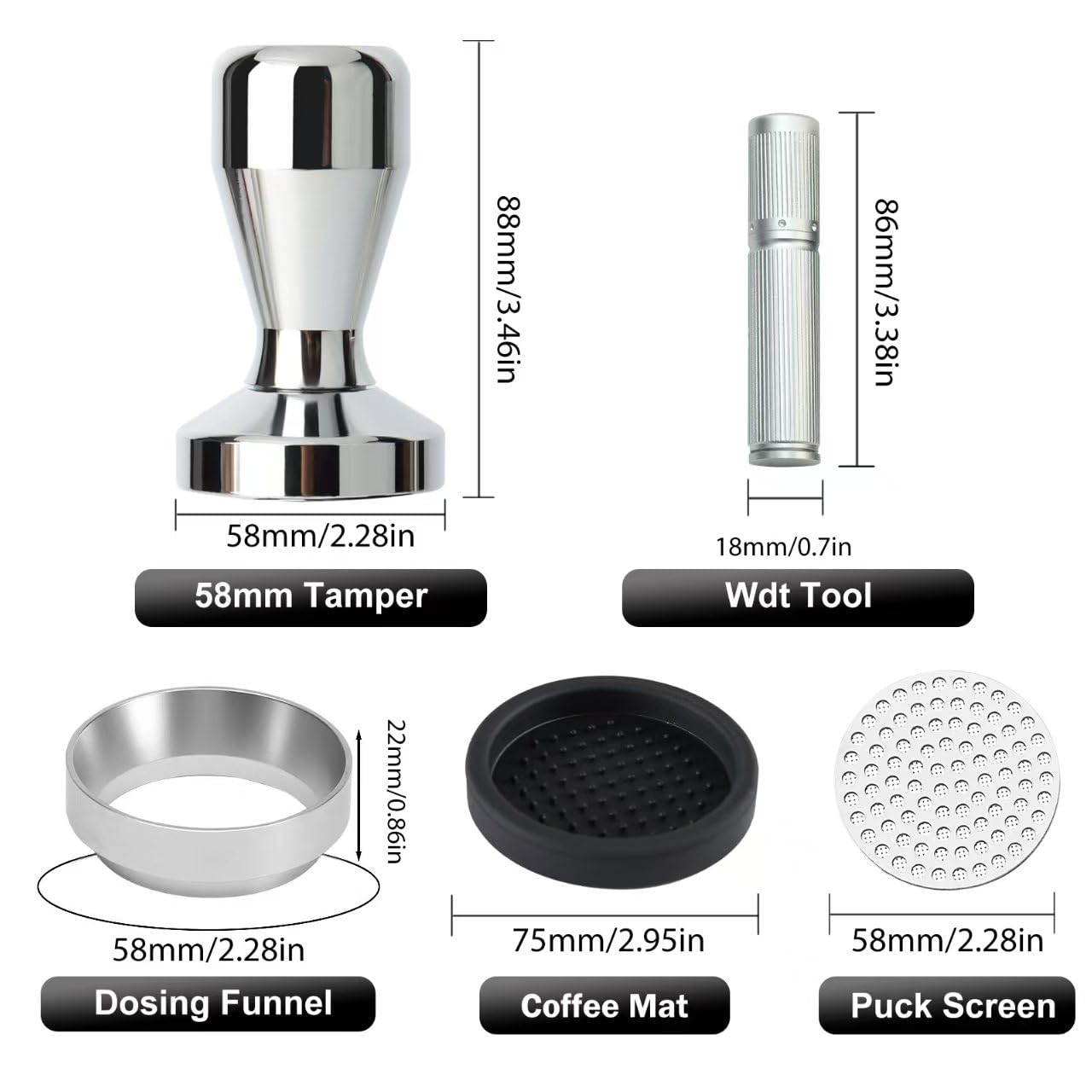 58mm Espresso Tamper Set With WDT Tool, Dosing Funnel & Puck Screen – Barista Accessories Kit