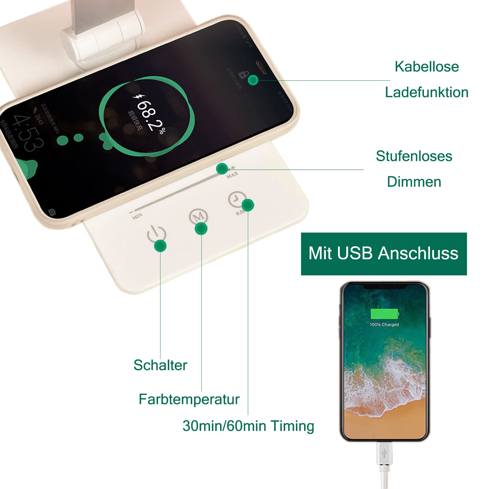 Tischlampe, Schreibtischlampe Büro 5 Farb und Stufenloses Dimmen Tischleuchte mit Wireless Ladegerät und Timmer Nachttischlampe Memory-Funktion Augenfreundliche Leselampe für Arbeit Lernen weiß