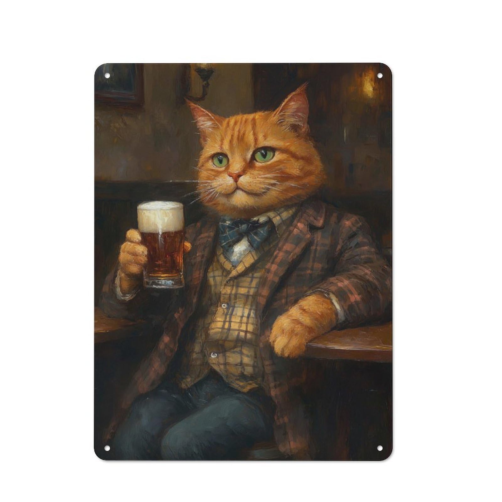 Retro Orange Tabby Cat in A Pub Holding A Beer Metal Wall Plaque 40x30cm, Nostalgic Wall Art for Living Room, Hallway, Kitchen Or Cafe