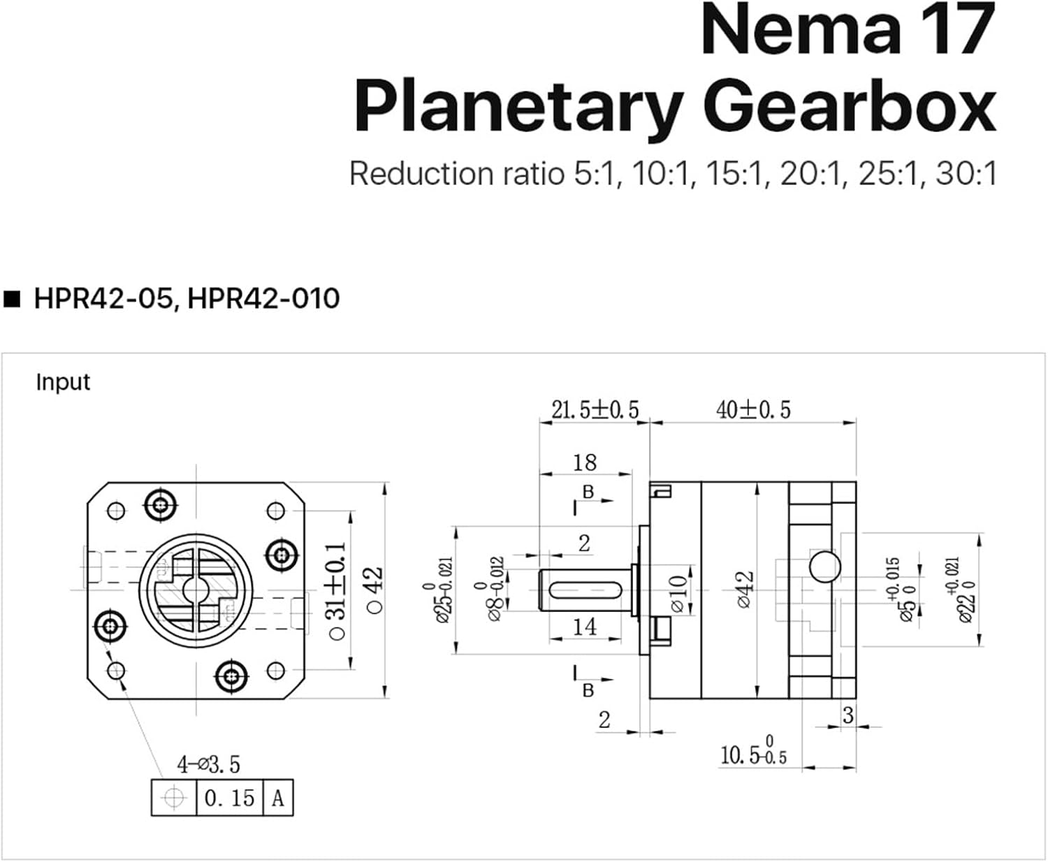 1PCS Nema17 Planetary Gearbox Motor Speed Reducer Ratio 5:1, 10:1, 15:1, 20:1, 25:1,30:1 5mm Input for Open Close Loop Motor(15:1)