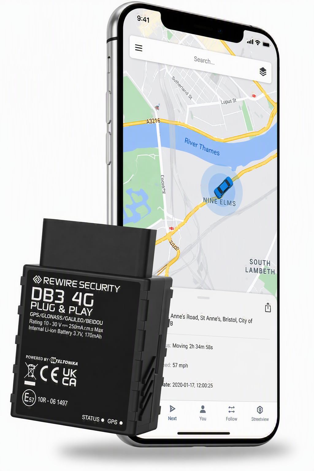REWIRE SECURITY DB3 Plug & Play OBD GPS Vehicle Tracker – Localizzatore portatile in tempo reale per auto, camion, furgone | facile installazione | avvisi automatici | batteria di backup integrata |