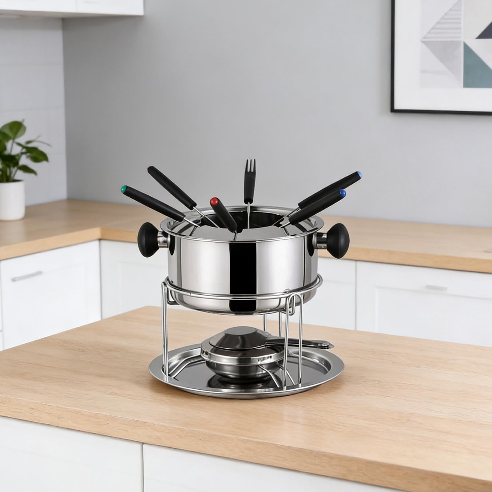 F Fityle Caquelon à fondue au chocolat avec fourchettes, chauffe-beurre portable en acier inoxydable, idéal pour fondre le chocolat lors d'un anniversaire,