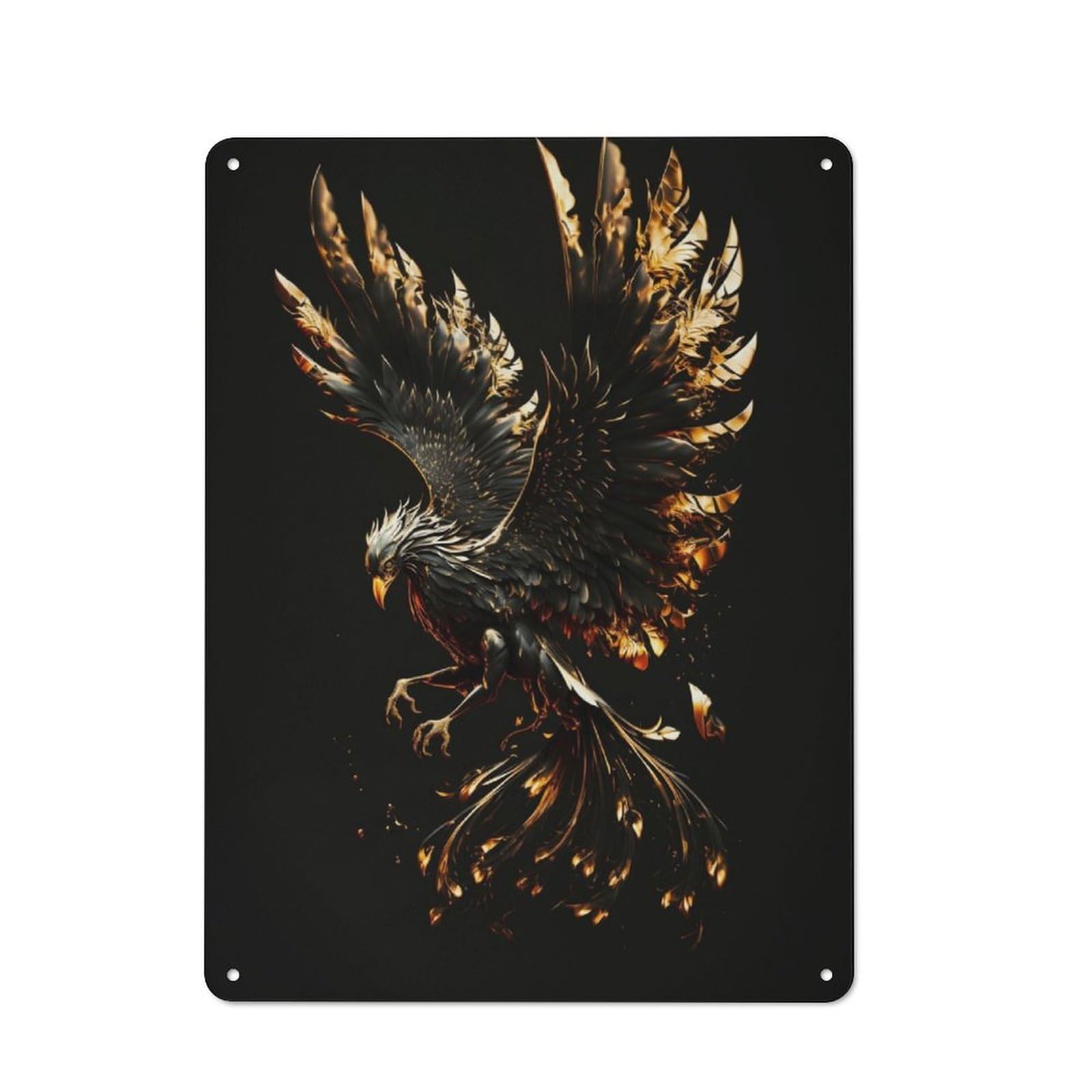 Decorative Metal Plaque with Phoenix Black Gold Design 40x30cm, Modern Retro Studio Wall Art for Workspace, Cafe, Hallway Or Garage
