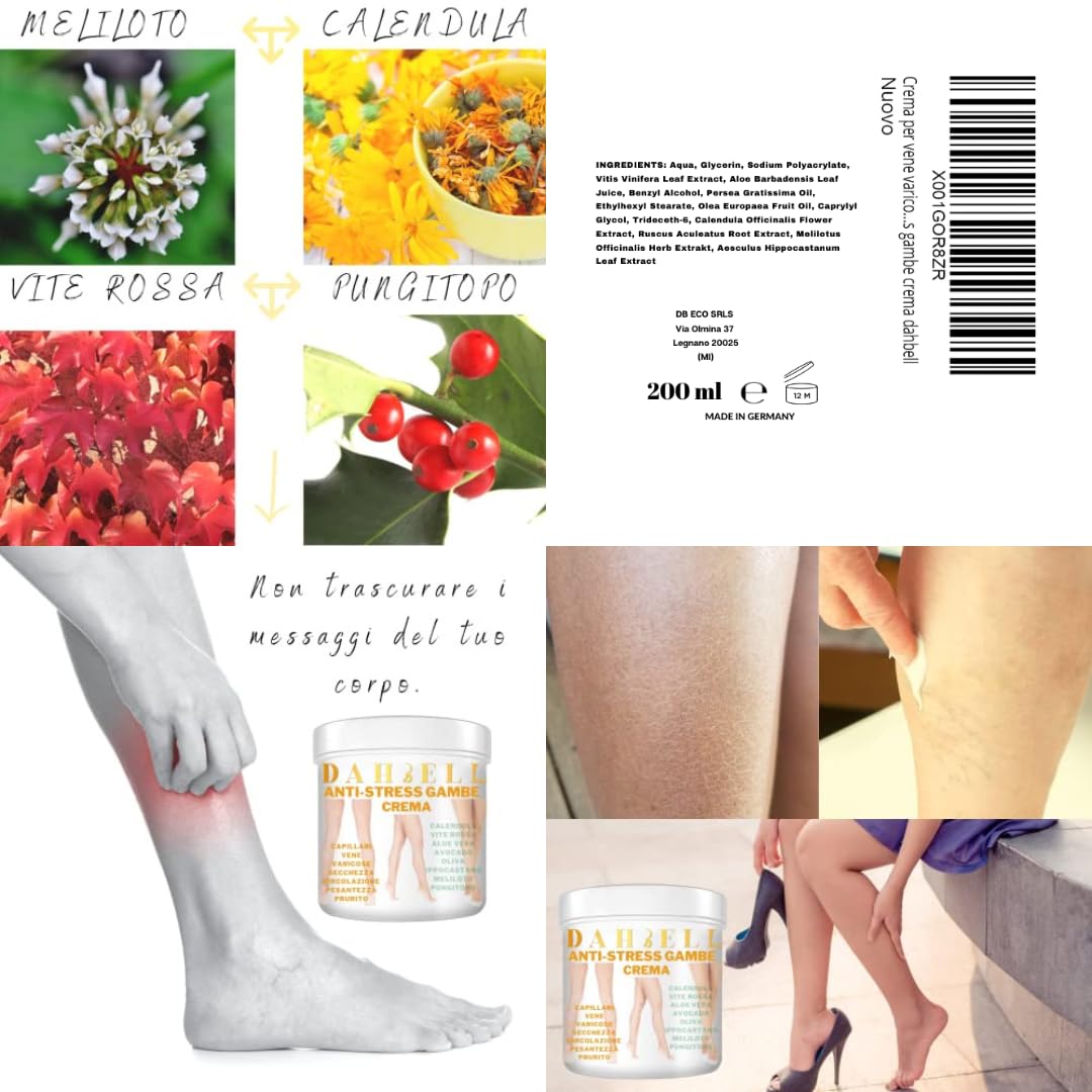 Crema per vene varicose capillari rotti circolazione gambe piedi pesanti gonfie e stanche idratante con vite rossa calendula ippocastano aloe vera rinfrescante gambe dahbell