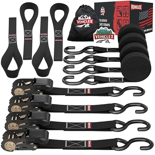 Ratchet Tie Down Straps (1,800 lbs Break Strength) - Vehiclex 15 Ft Versatile Straps for Powersports, Garage, and Outdoor Use - Soft Loops, Deep S-Hooks & Comfort Grip Handle (4 Pack, Black)