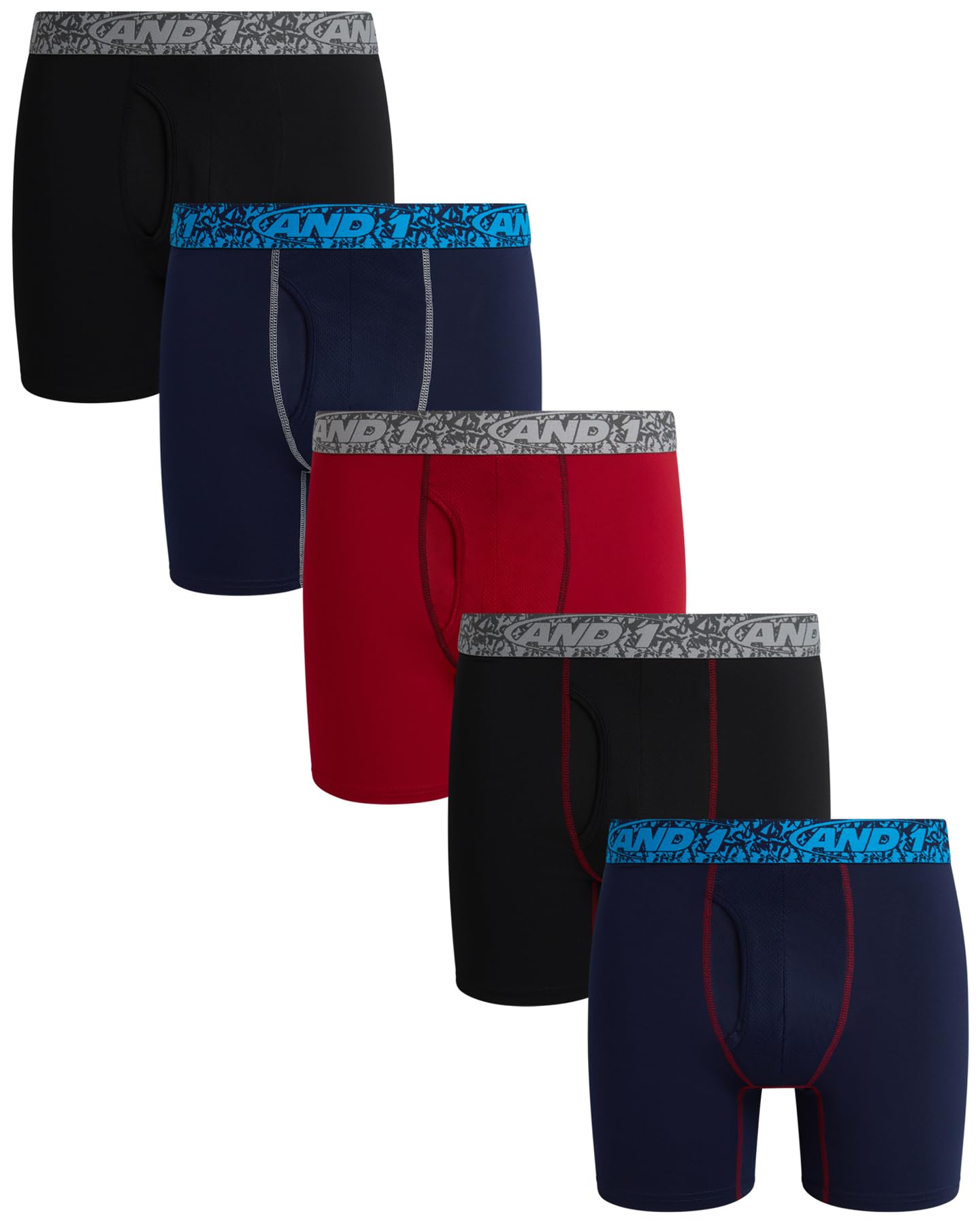 AND1 Mens Boxer Briefs - 5 Pack Stretch Performance Mens Underwear Boxers with Functional Fly Pouch, 6" Inseam (S-3XL)