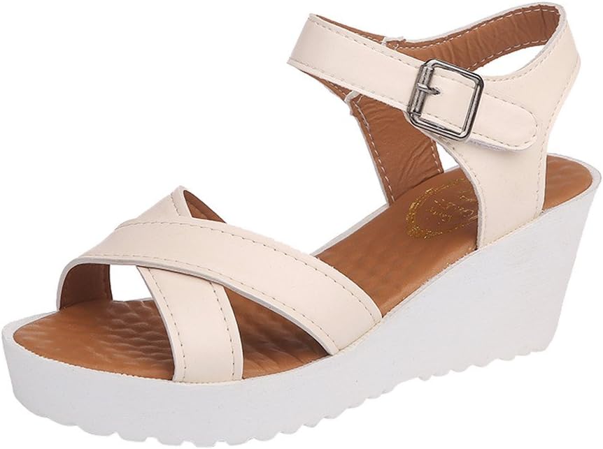 KonJin Women Sandals Flat Wedges Summer Casual Solid Color Platform Buckle Strap Open Toes Plus Size