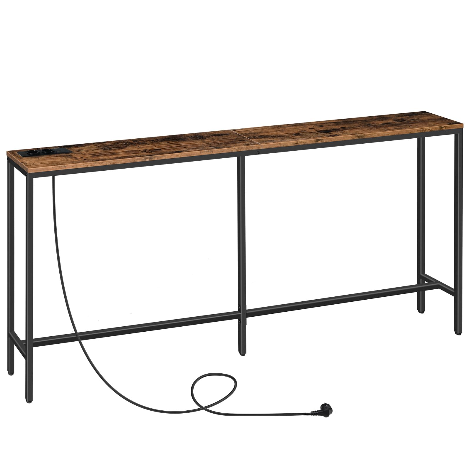 MAHANCRIS Tavolino Console da Ingresso, Tavolino da Divano Lungo 180 cm, Tavolino in Stile Industriale con Prese USB, per Ingresso, Corridoio, Entrata, Soggiorno, Marrone Vintage e Nero ACTHR18UE01
