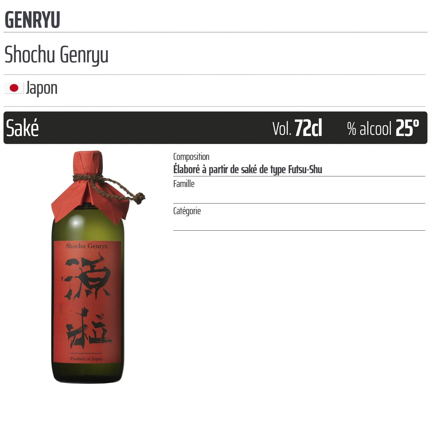 Shochu Genryu - Origine Japon - 72cl