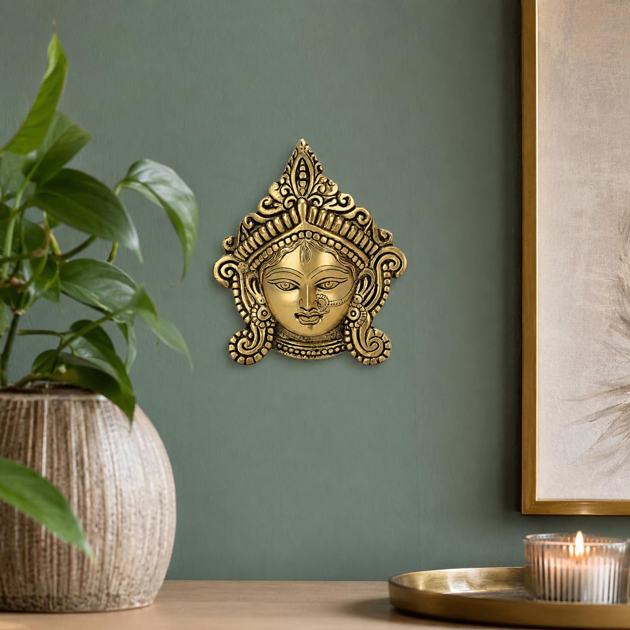 Kartique Mosiężna Durga Maa maska na twarz idol statuetka do biura dekoracja domu uchwyt ścienny wiszący ochrona złego oka Puja antyczny złoty kolor 15 cm