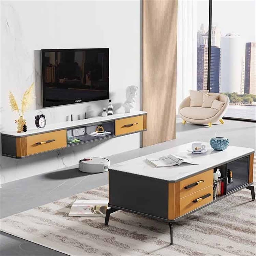 Mobile TV Mobile TV sospeso sotto la TV con ampio spazio di archiviazione, moderna consolle multimediale sospesa di lusso con porta a ribalta in vetro e piano in pietra, 4 colori Used for living room(