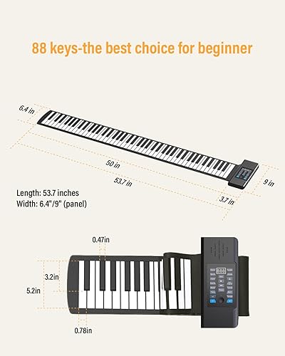 Vista 6 de KONIX Piano enrollable de 88 teclas, teclado portátil recargable mejorado, 128 ritmos, 128 tonos, teclado desplegable con pantalla LED, función