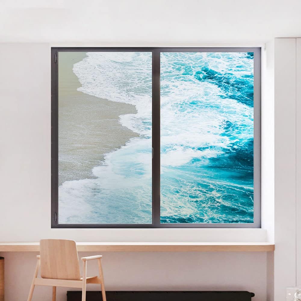 Window Film Privacy Static Cling Blue Wave Decorative Vinyl Non Adhesive Privacy Film Stained Glass Sticker for Bathroom Glass Door Window Tint 23.6"x47.2"(60x120cm)