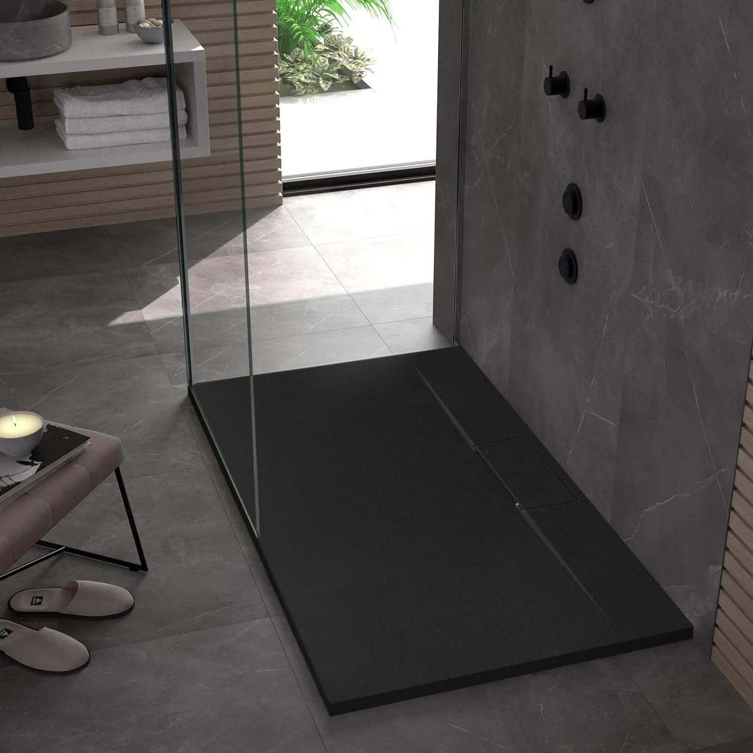 VBChome Plato de ducha, 100 x 80 x 2,5 cm, color negro, estructura de piedra, plato de ducha extraplano, rectangular, desagüe de desagüe SMC, compuesto SMC, instalación universal, sifón rectangular,
